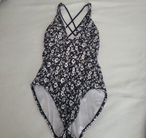 Ralph Lauren Blue Navy & White Floral Knit Lace Swimsuit